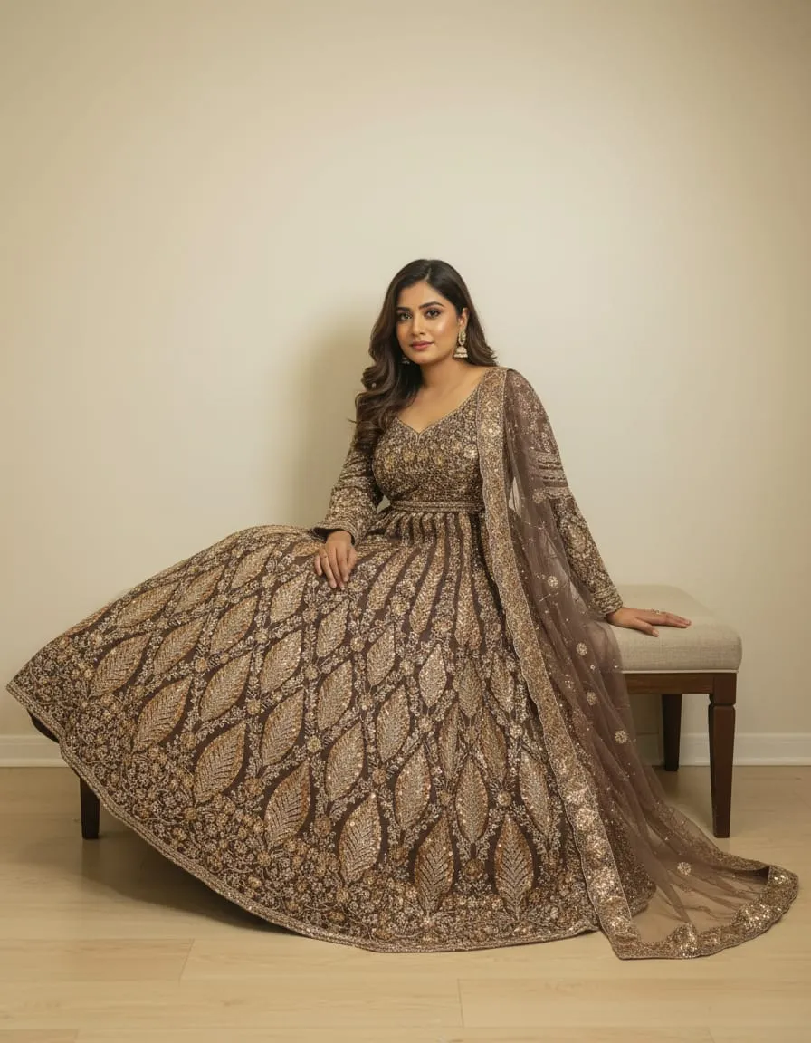 Zarqa Royal Coffee Gold Hand-Embroidered Anarkali Set - Image 3