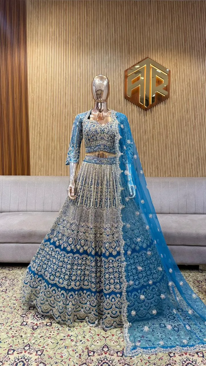 Royal Blue & Silver Zari Embroidered Lehenga Set - Image 5