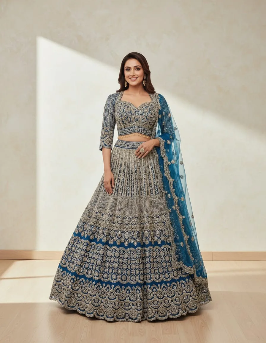 Royal Blue & Silver Zari Embroidered Lehenga Set - Image 4