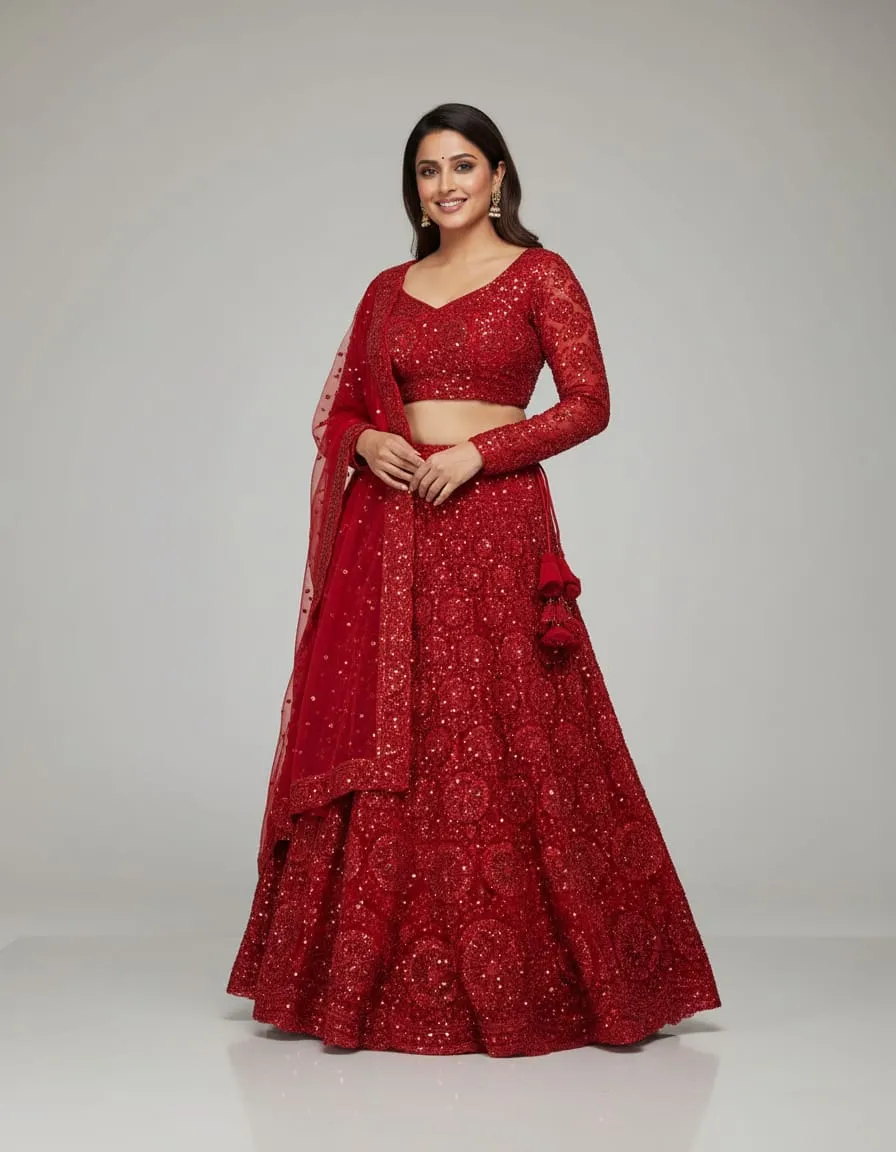 Red Sequin Embellished Partywear Lehenga – Festive & Wedding Collection - Image 4
