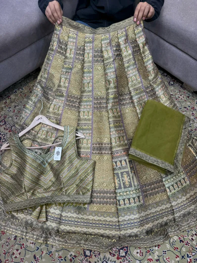 Aarohi Olive Heritage Woven Lehenga Set - Image 3