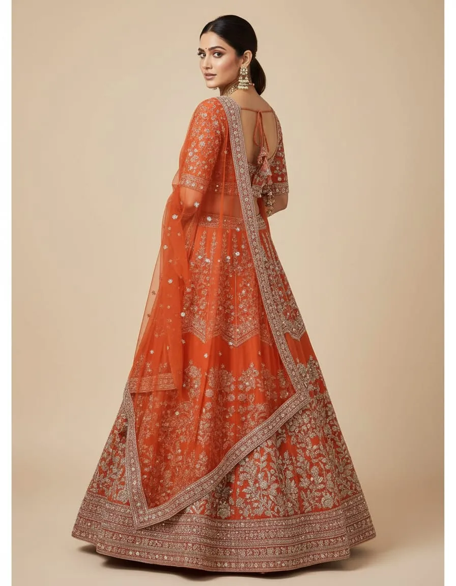 Orange Heavy Embroidered Wedding Lehenga with Dupatta - Image 3