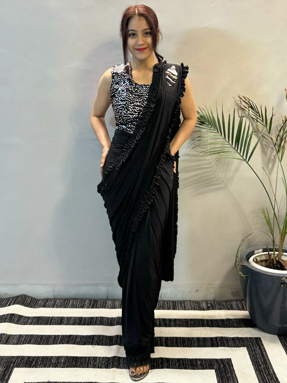 Nyra Noir Sequin Ruffle Pre-Draped Saree Set - Image 2