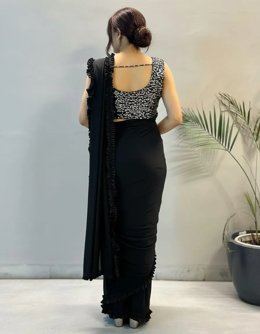 Nyra Noir Sequin Ruffle Pre-Draped Saree Set - Image 3