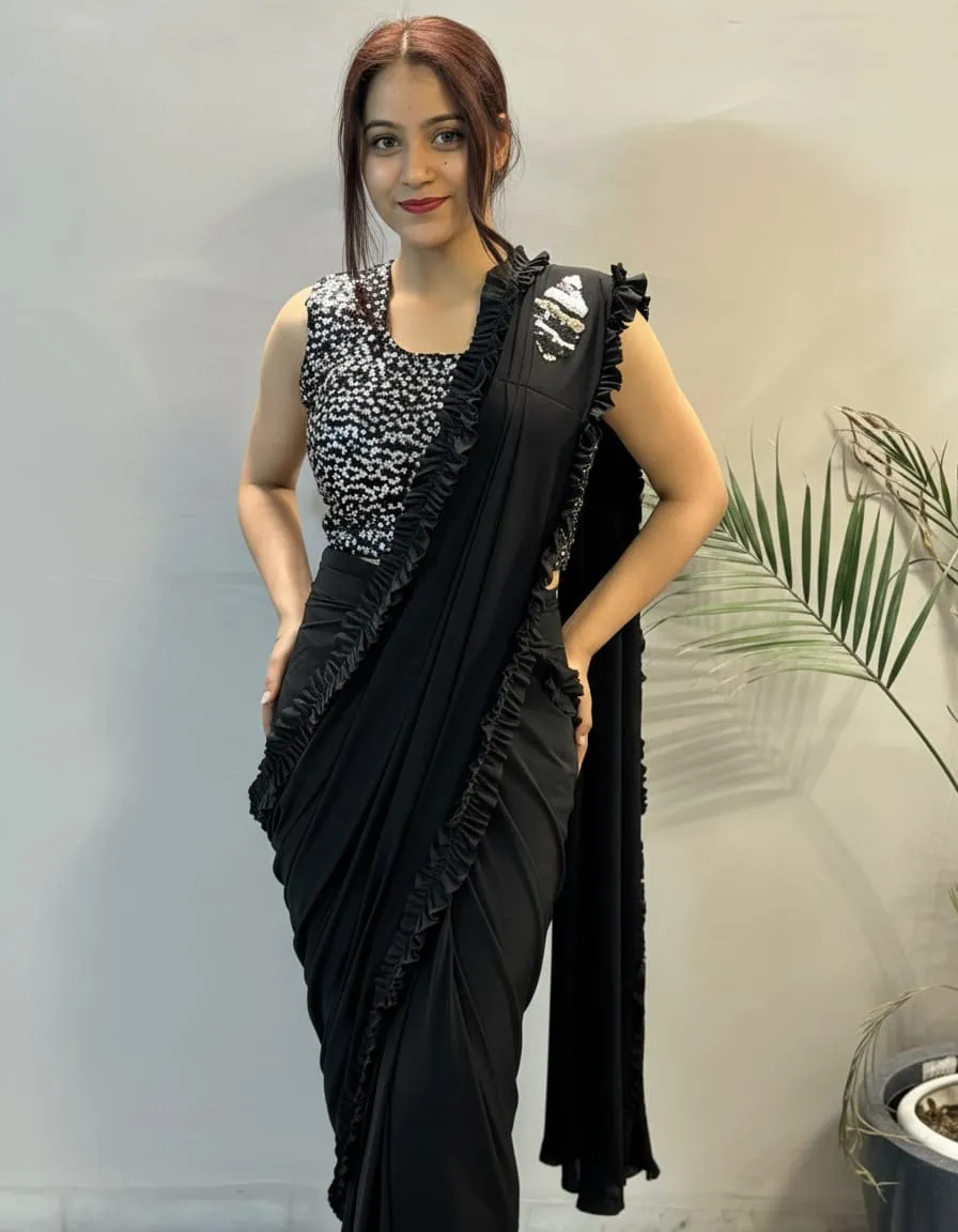 Nyra Noir Sequin Ruffle Pre-Draped Saree Set - Image 4