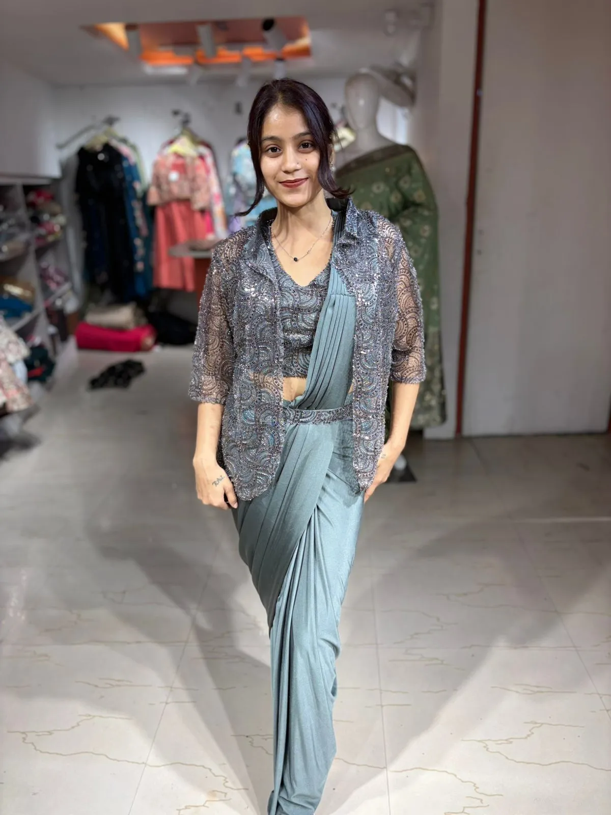 Elyra Mist Blue Pre-Draped Saree with Sequin Jacket - Image 4