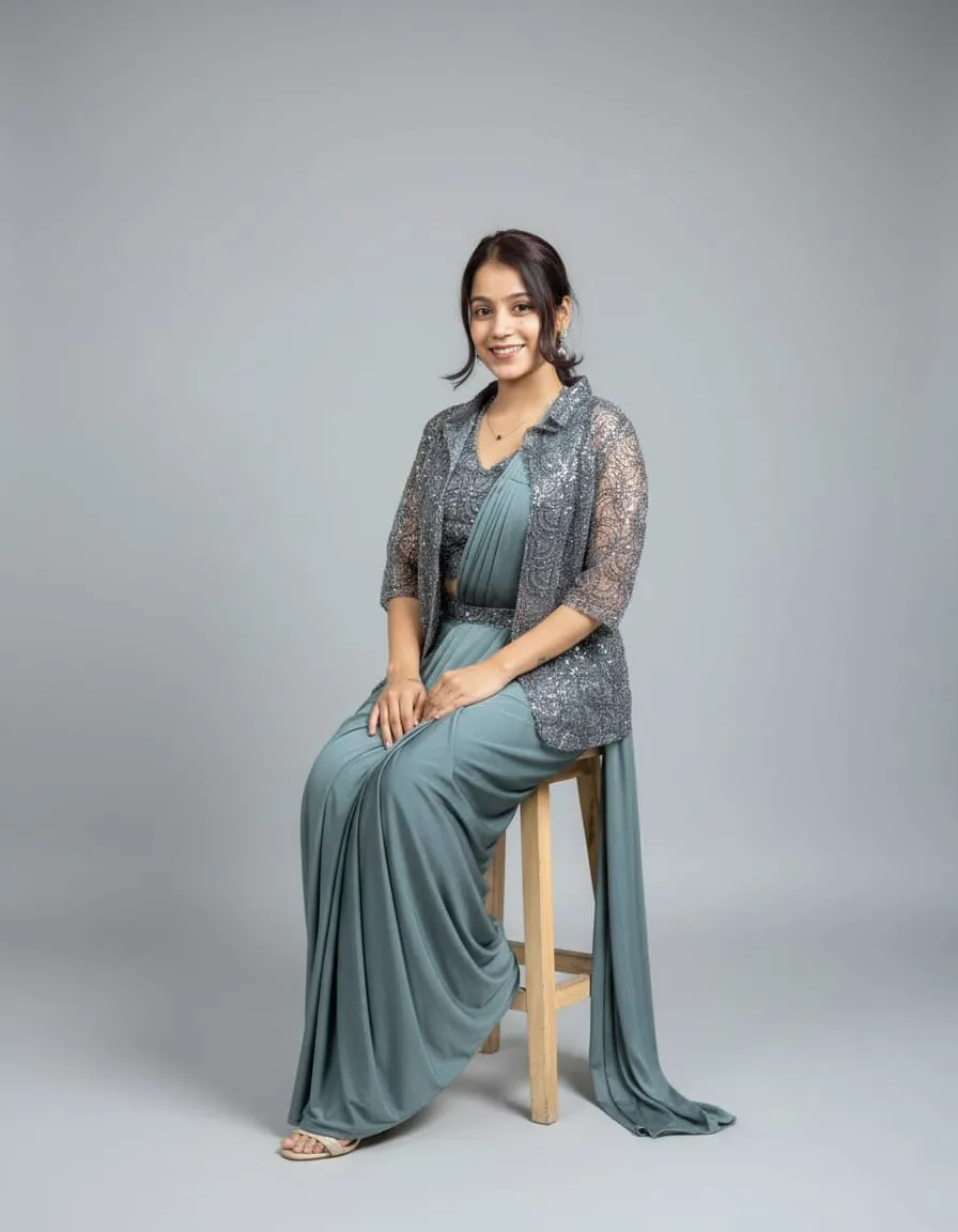 Elyra Mist Blue Pre-Draped Saree with Sequin Jacket - Image 3