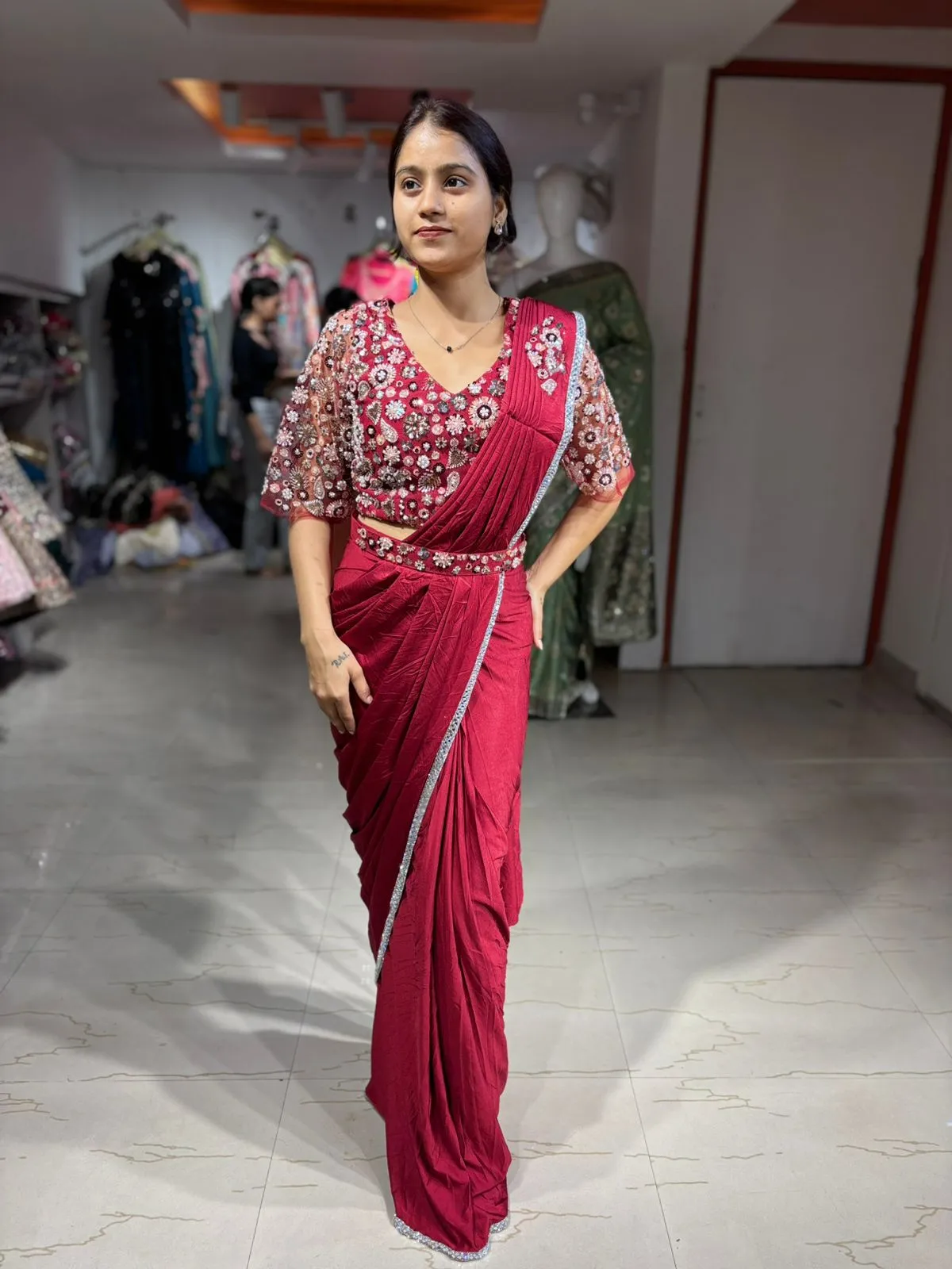 Ruhani Ruby Hand-Embroidered Pre-Draped Saree Set - Image 4