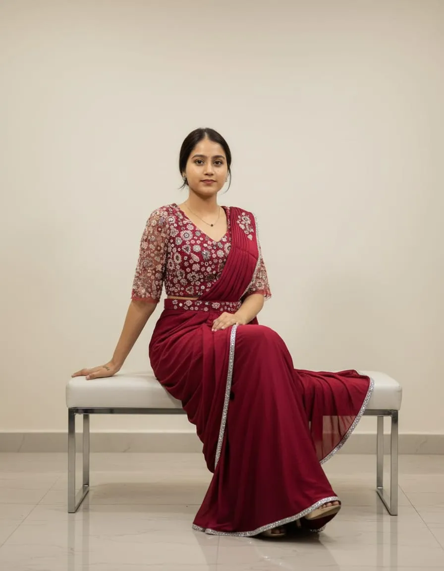 Ruhani Ruby Hand-Embroidered Pre-Draped Saree Set - Image 3