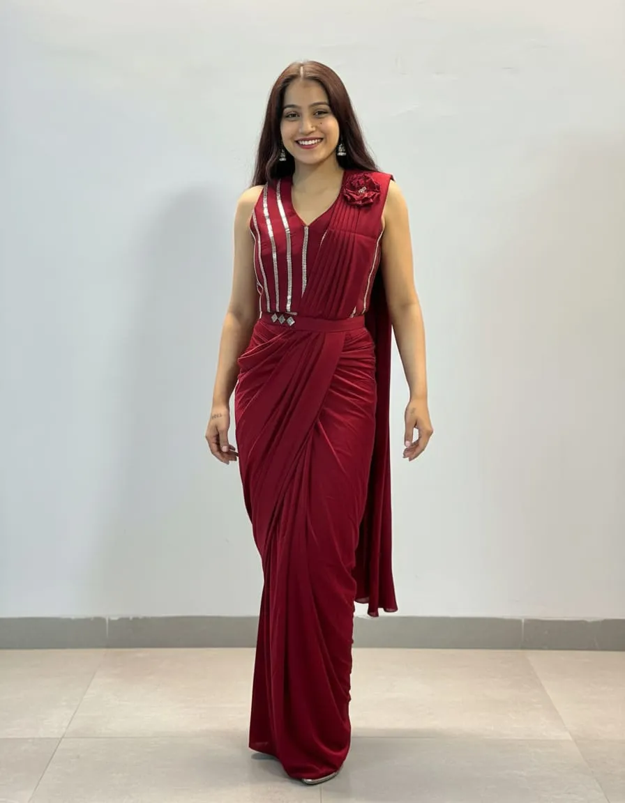 Elira Ruby Sculpted Pre-Draped Saree Set - Image 3