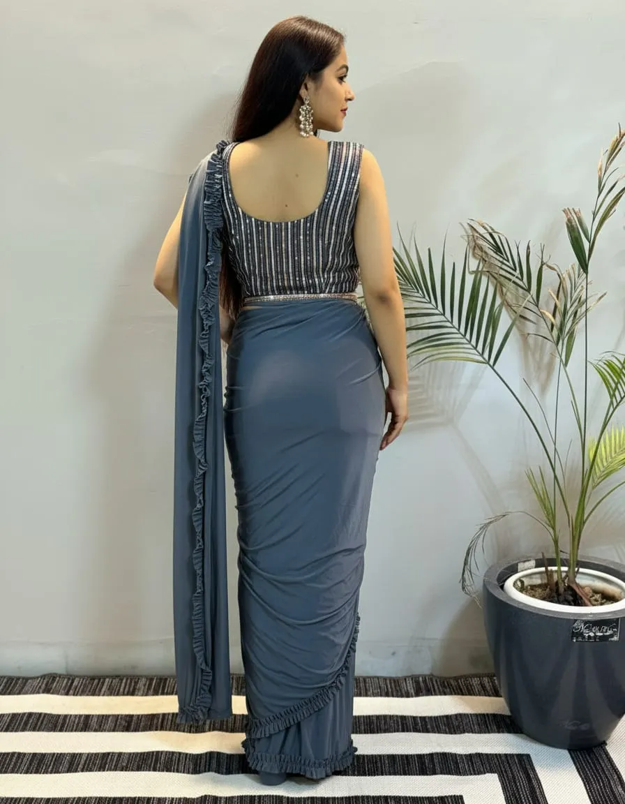Kiara Slate Grey Ruffle Pre-Draped Saree Set - Image 3